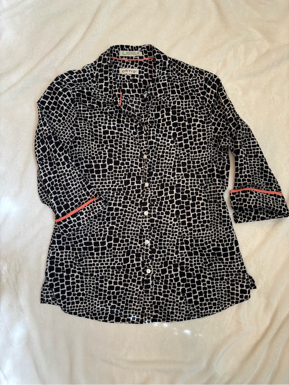 Orvis Black and White Mosaic Shirt with Coral Trim